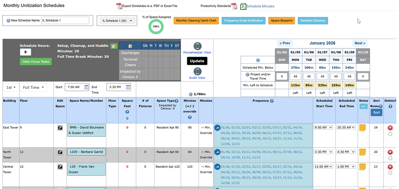 Monthly Schedule for Dorm or Resident Cleaning 1-2