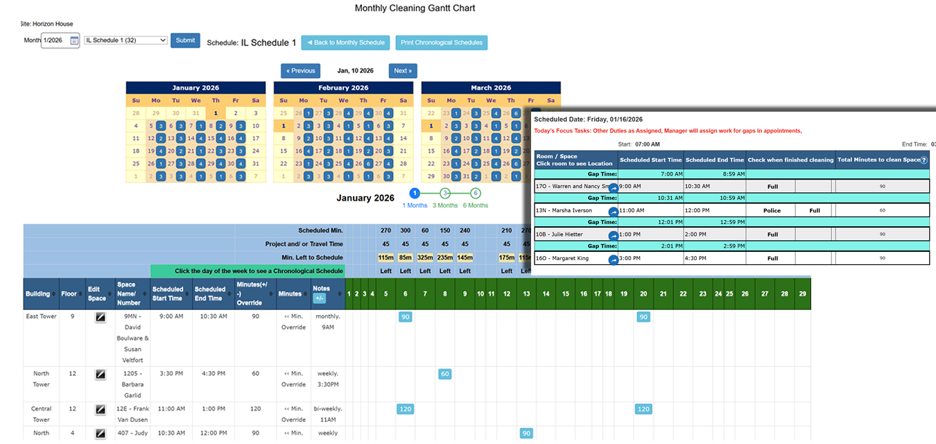 Monthly Gantt Schedule for Dorm or Resident Room Cleaning 1-2
